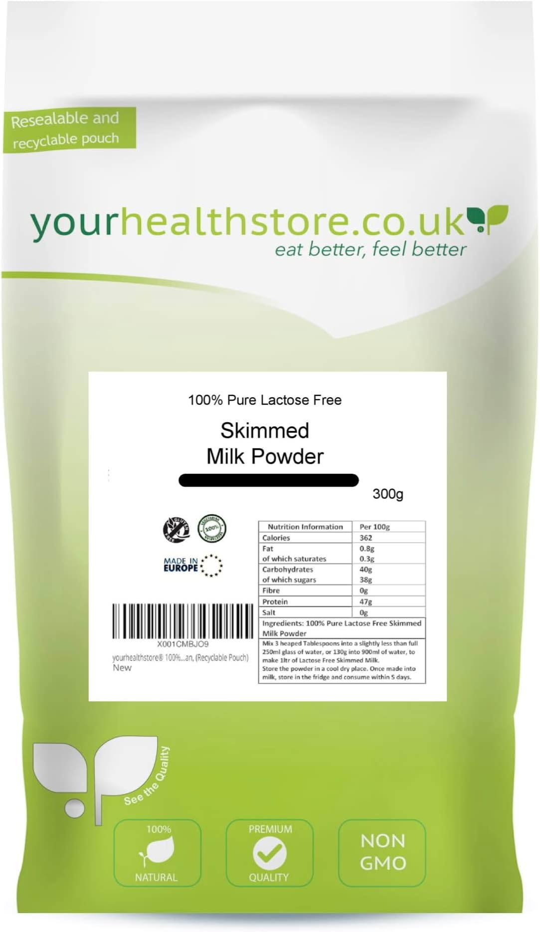 100% Pure Lactose Free Skimmed Milk Powder 400g, No Additives, No Added Sugar, No Soy Lecithin, No Bovaer, Vegetarian, (Recyclable Pouch)