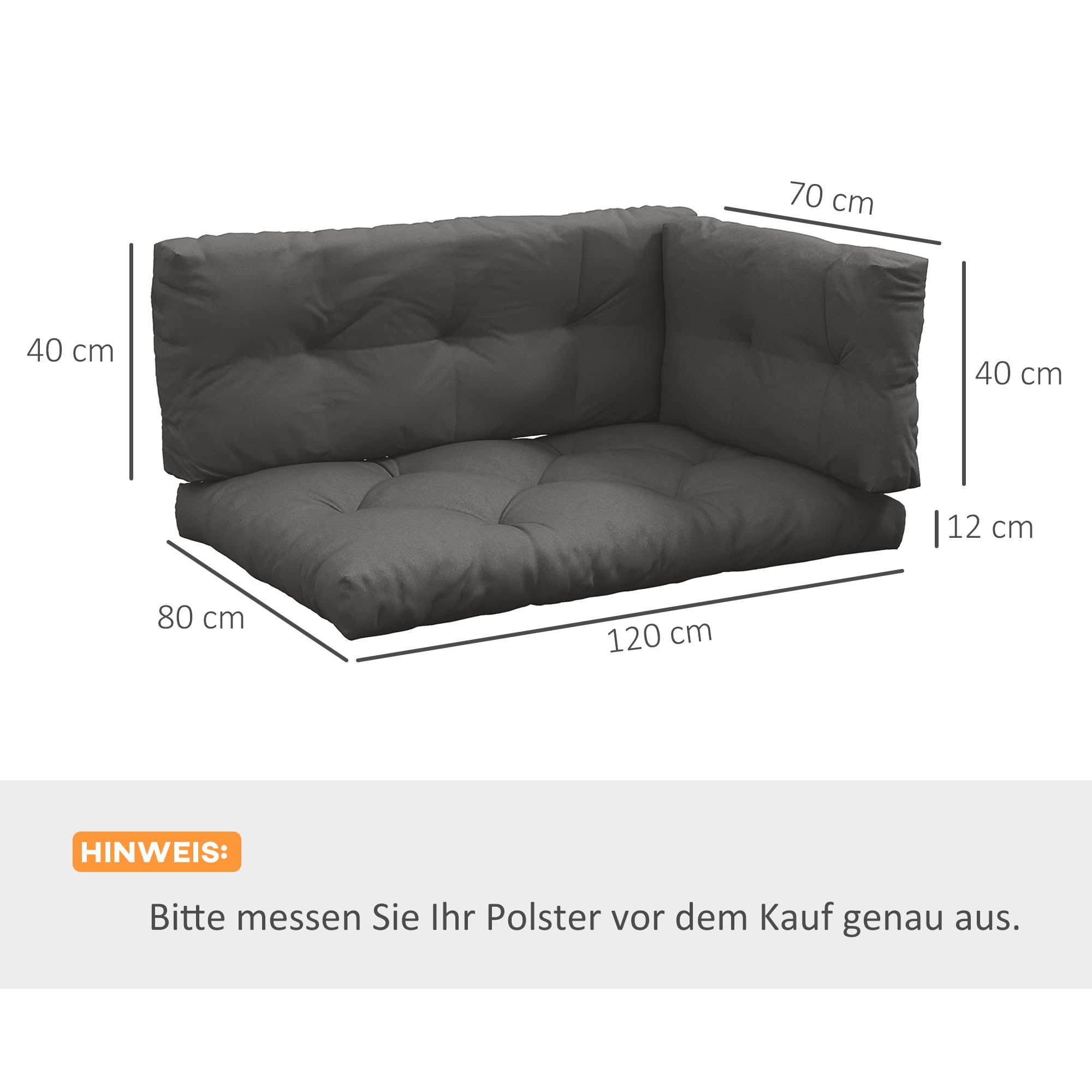 Outsunny 3 Sitzer Palettenkissen UV-Schutz120 x80 x 12 cm Dunkelgrau