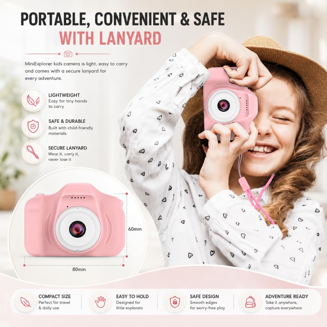 MiniExplorer Mini Camera for Kids 3.0MP 1080P HD Video Digital Camera with 2-Inch Screen, USB Rechargeable Camera for Photo, Supports 32GB SD Card, Toys for Boys & Girls 7-14 Years - Pink — Amazon image 2