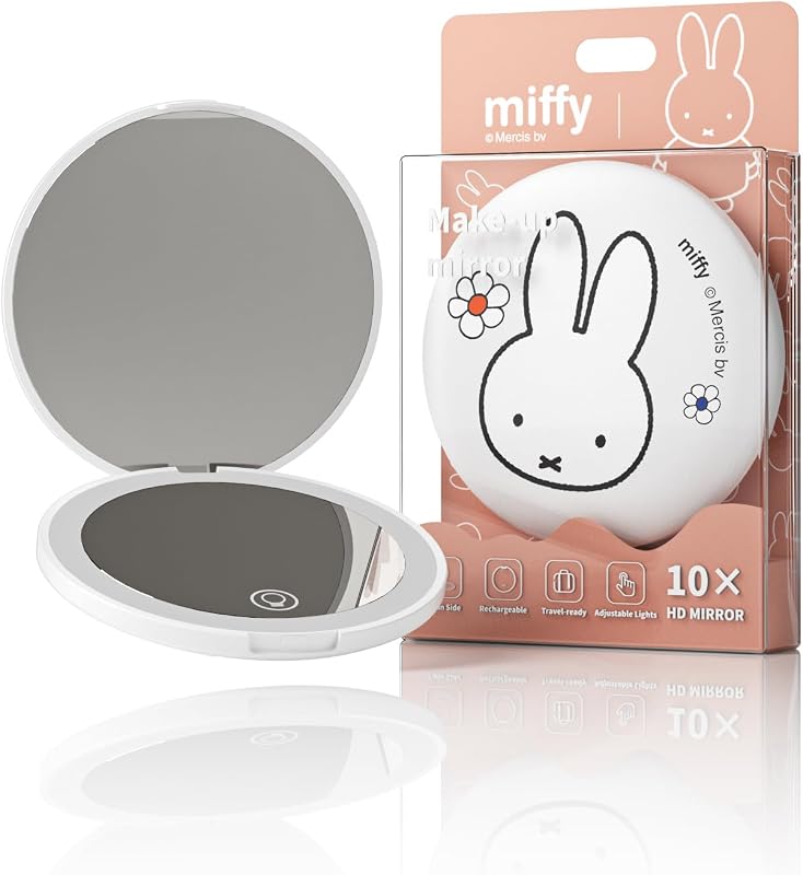Espelho de maquiagem portátil MIPOW Miffy com LED, dobrável, dupla face 1x/10x, branco puro, 1 unidade