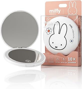 Miffy Handheld LED Makeup Mirror, Foldable 2-Side 1x/10x Magnification,Pocket Small Lighted Mirror for Travel, Rabbit Shape Pure White