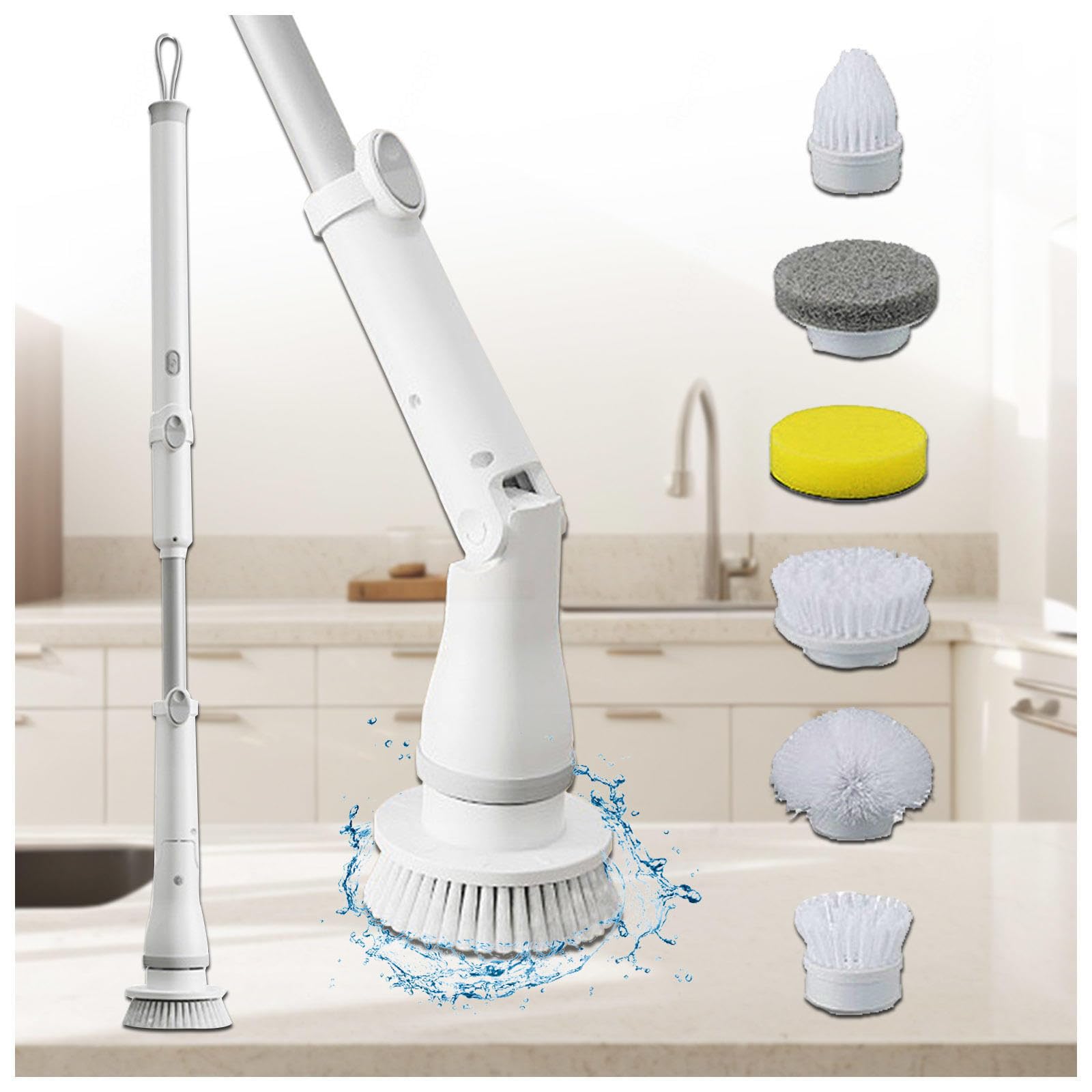 Spazzola Rotante 6 in 1, 2 velocità Regolabili, Maniglia Regolabile,Wireless Spazzola Pavimenti per Bagno, Vasca,Cucina,Pavimento,Auto