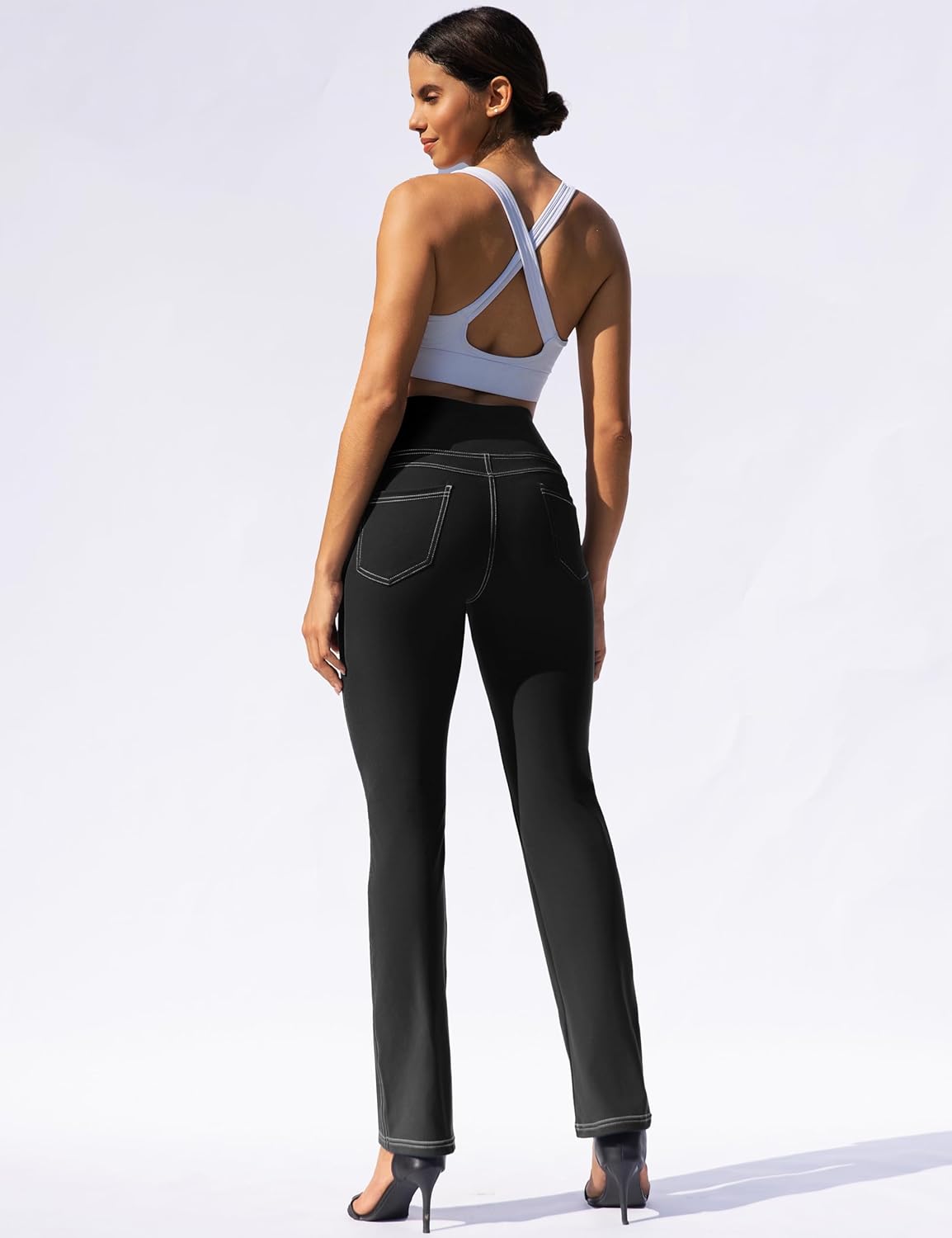 VOOVEEYA Womens Straight Leg Leggings, High Waisted Yoga Pants with Pockets Tummy Control Bootcut Casual Dress Pants - Image 4