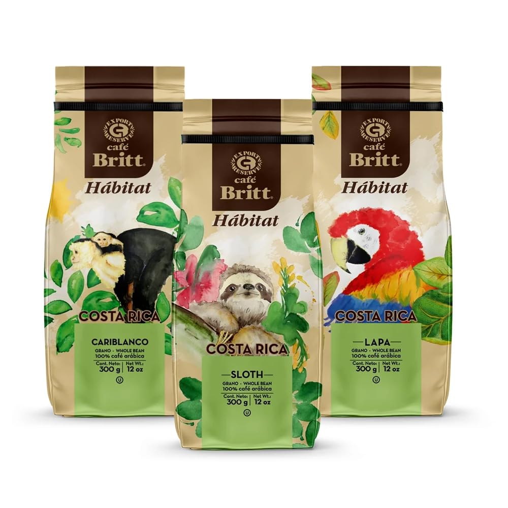 Café Britt - Costa Rican Habitat Coffee Bundle (340 g) (3 sztuki) (Coffee From: Sloth, Lapa & Cariblanco) – Whole Bean, kawa Arabica, koszerne, bezglutenowe, dla smakoszy i średnich lekkich i ciemnych