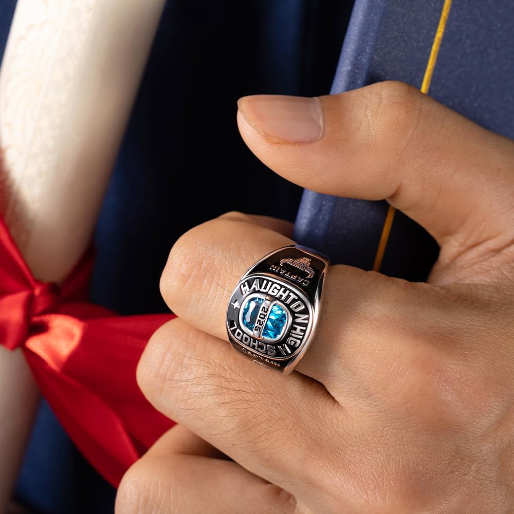 Anillo de clase cuadrado personalizado con símbolo de logotipo personalizado para hombres y mujeres, con texto personalizado, piedra natal, anillo de graduación universitaria para ella, anillo de