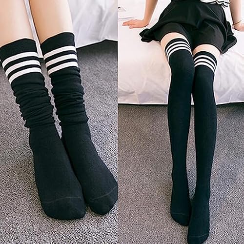 Senker Fashion 6 Pairs Thigh High Socks Striped Over Knee Socks Long Stocking Leg Warmer Socks For Daily Wear, Cosplay, Three Stripes(White/Dark Gray/Black)/White/Dark Gray/Black #TOP1