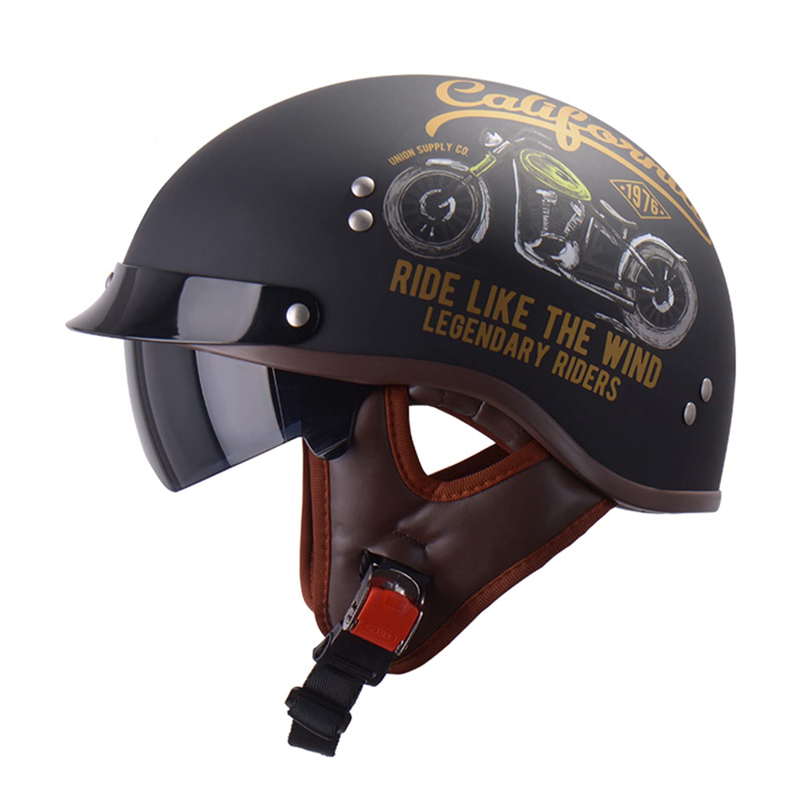 SDKUing Adult Motorcycle Half Helmet with Goggles, DOT Approved Men and Women Personality Baseball Cap Open Face Jet Crash Helmets for Cruiser Electric Scooter Chopper Moped, (54~62cm)