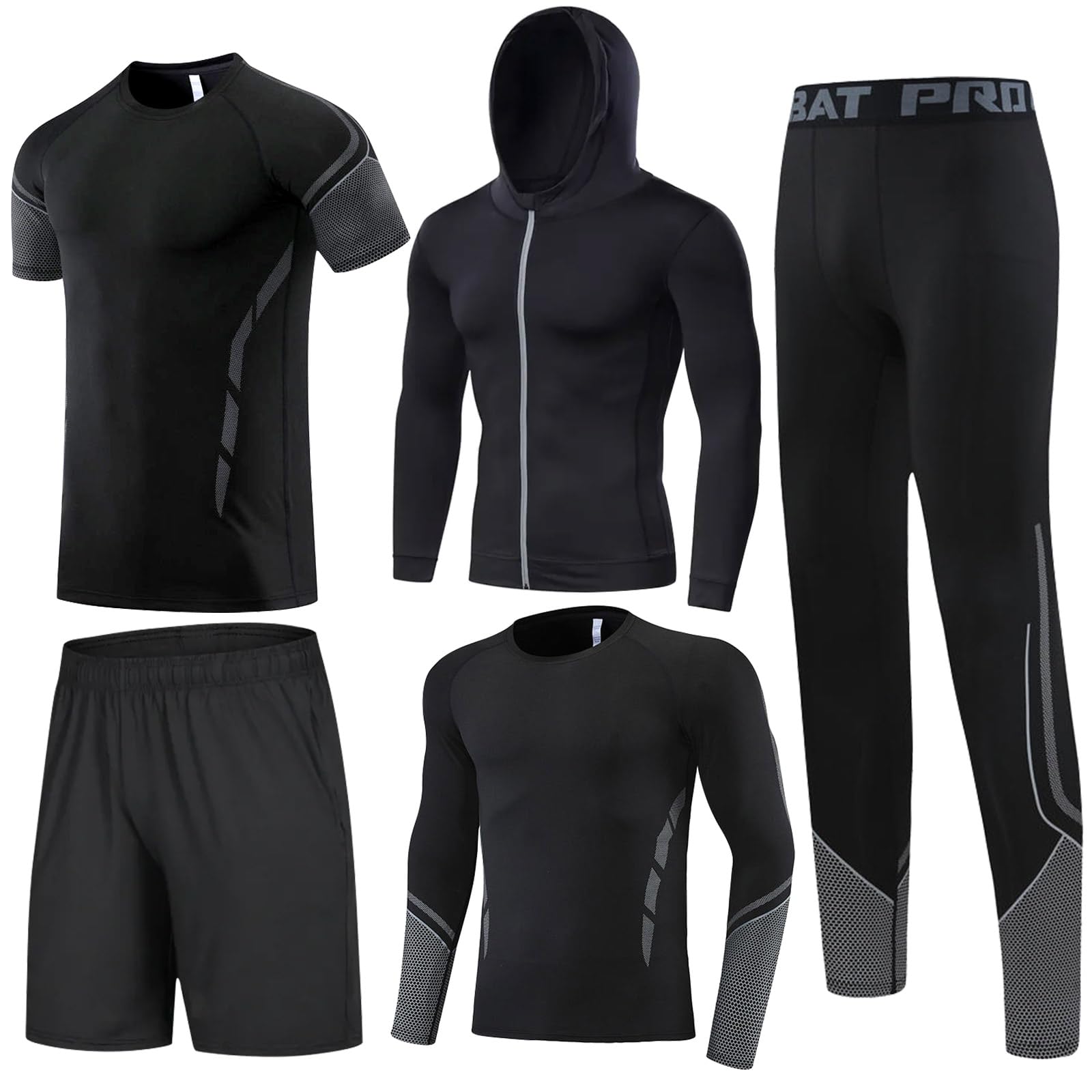 BOOMCOOL5Pcs Gym Clothes Men Tracksuit Sets Running Wear Compression Shirts Sleeve Tops Jackets Long Suits Leggings Shorts Sports Activewear for Athletic