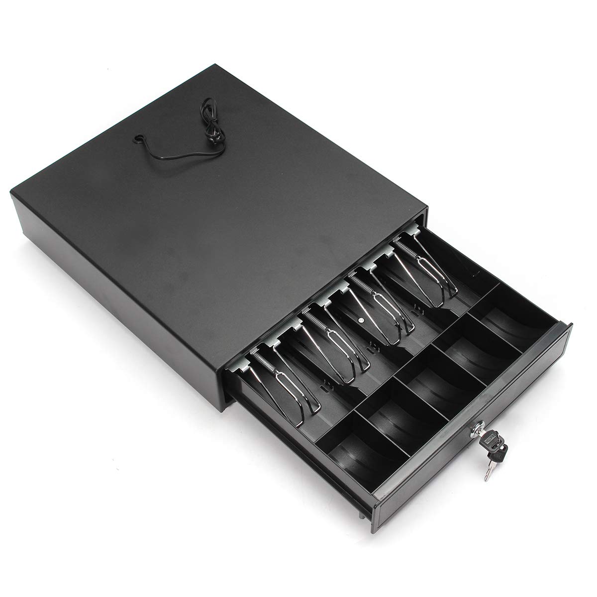 ChaRLes Caja De Caja De Servicio Pesado Caja De Dinero Pos Registro Rj-11 Cerradura De Llave Con 4 Bill 5 Bandejas De Monedas - Negro