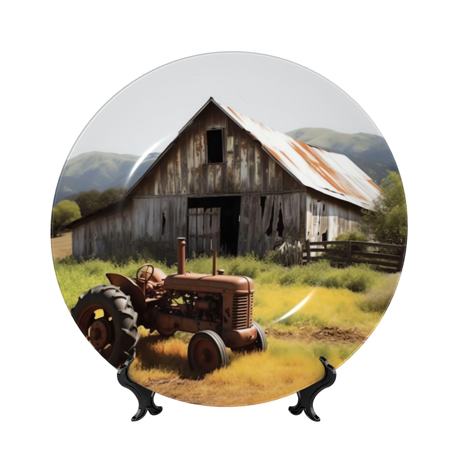 Assiette décorative de 15 cm style vintage grange et tracteur pour salon
