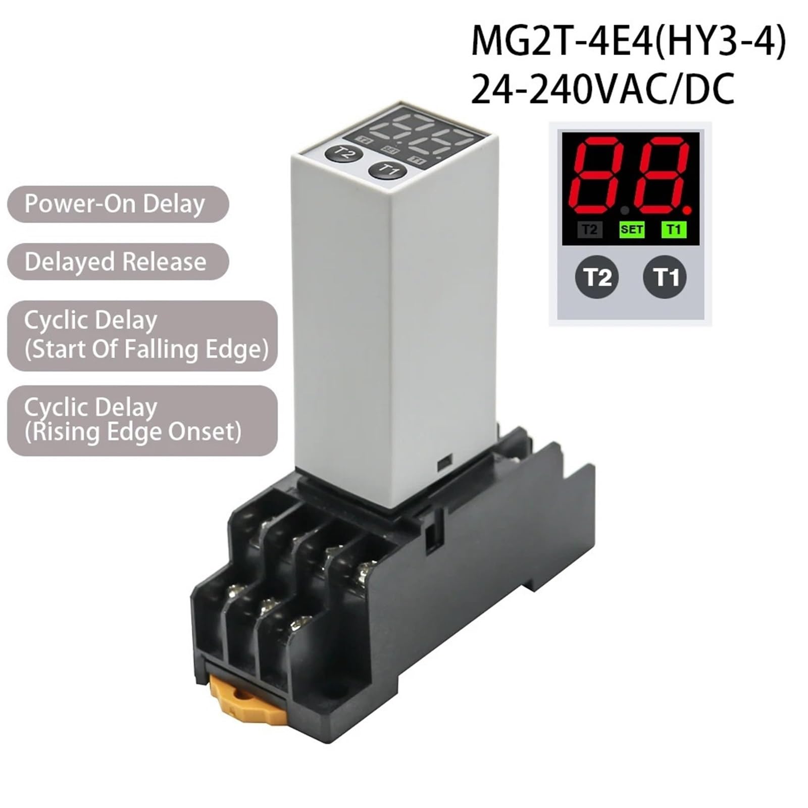 Relé de tiempo digital 0,1 S-990 H, retardo de encendido y apagado, multimodo, CC 12 V, CA 220 V, con base de enchufe, 4 NA 4 NC, retardo cíclico.(MG2T-4E4)