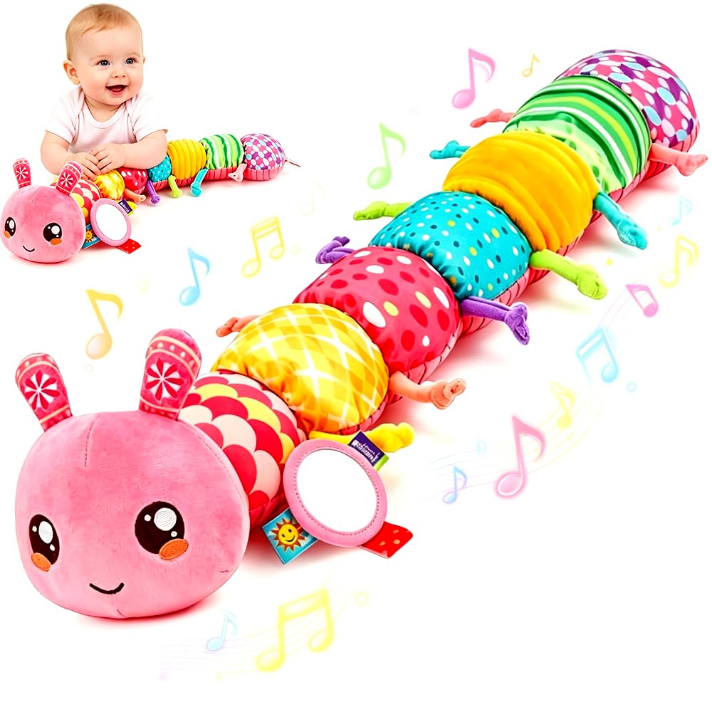Baby Toys, Soft Plush Sensory Doll Plush Caterpillar Toy Infant Musical Stuffed Toys Multi Sensory Toy with Mirror, Rattles Newborn Developmental Gift for Tummy Time 0-24 Months(Pink)