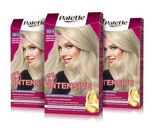 Palette Intensive Creme Color 10-1 Rubio Ultra Claro Ceniza, tinte de pelo permanente con aceite de macadamia y almendras, cubre el 100% de las canas y raíces, para un color radiante