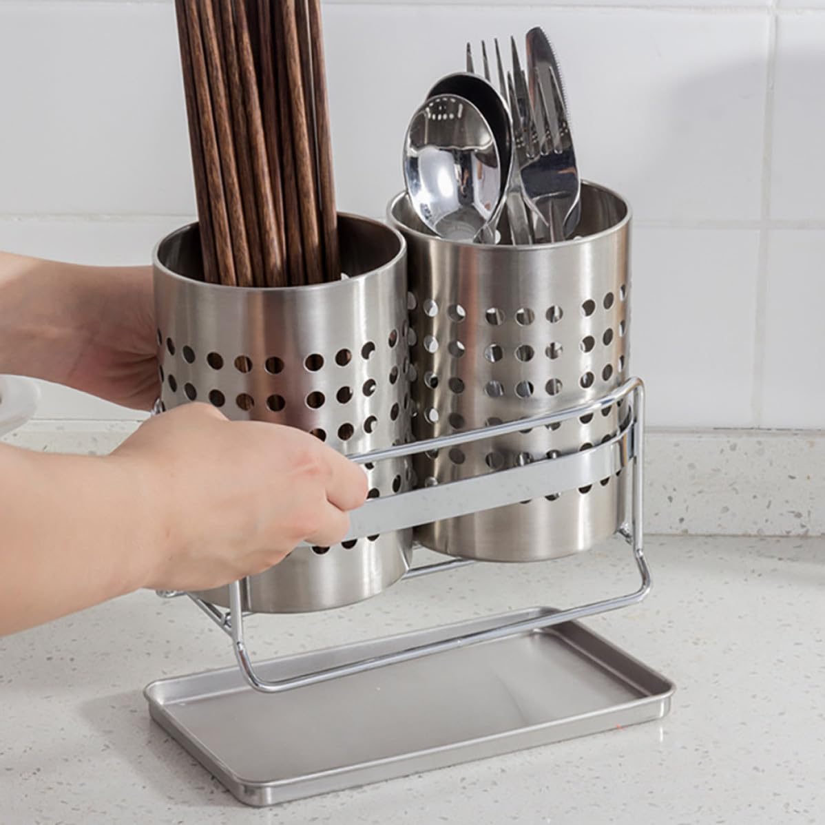 HEMOTON Porta Utensilios de Cocina de Acero Inoxidable, Escurridor | Dos Cilindros Grandes, Plata, Diseño Orificios y Drenaje, para Palillos y Cubiertos