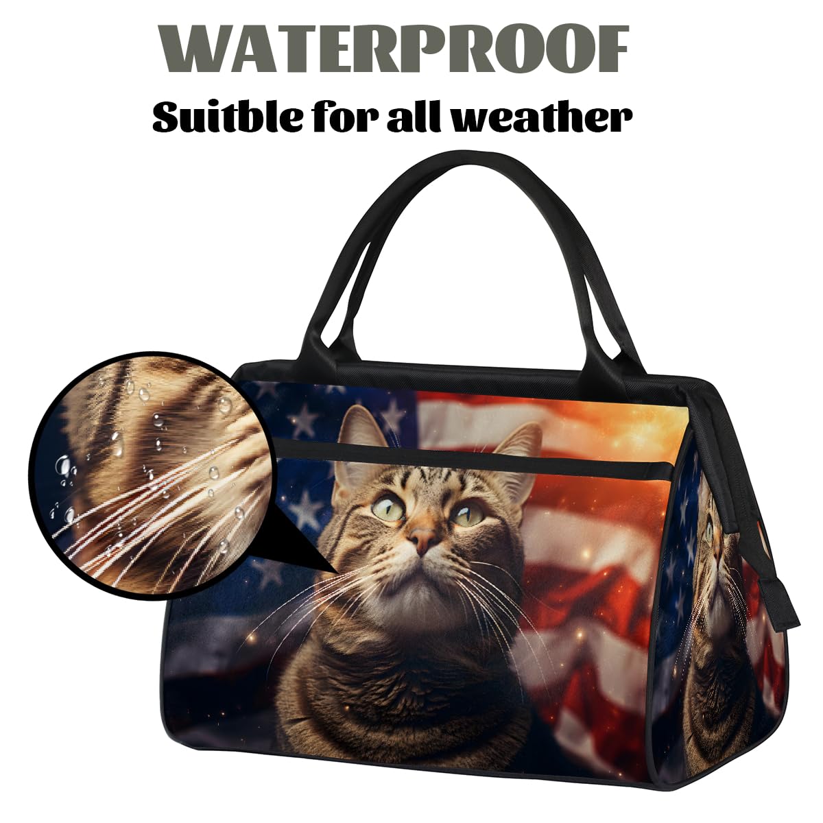 Borsa da palestra con gatto con bandiera americana del 4 luglio per uomini e donne, borsone sportivo da viaggio impermeabile per il fine settimana borsa da notte leggera da portare a mano