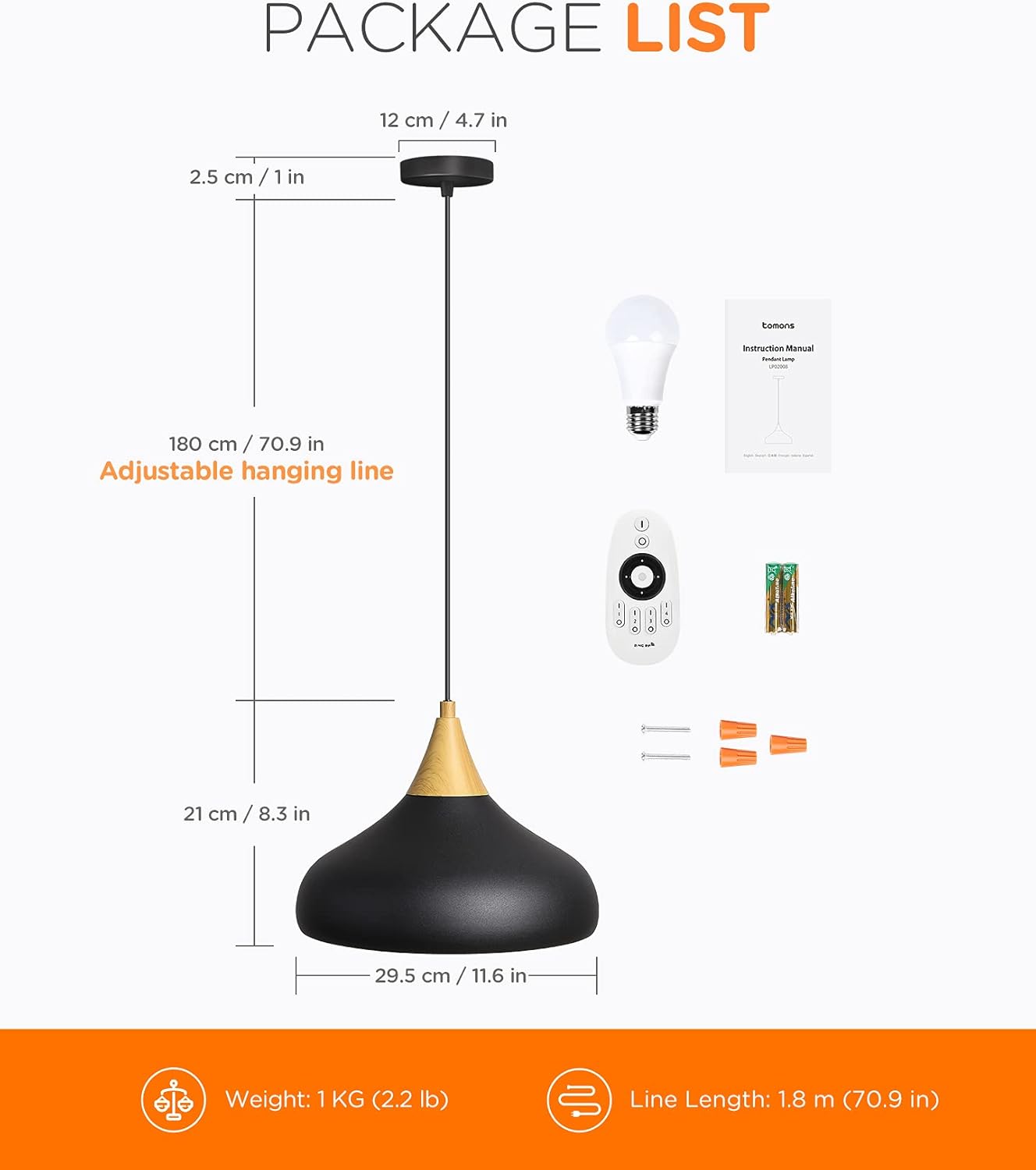 Tomons Pendant Light Fixtures, Ceiling Lighting Dimmable Lamp with Remote Control Bulb Included - - 