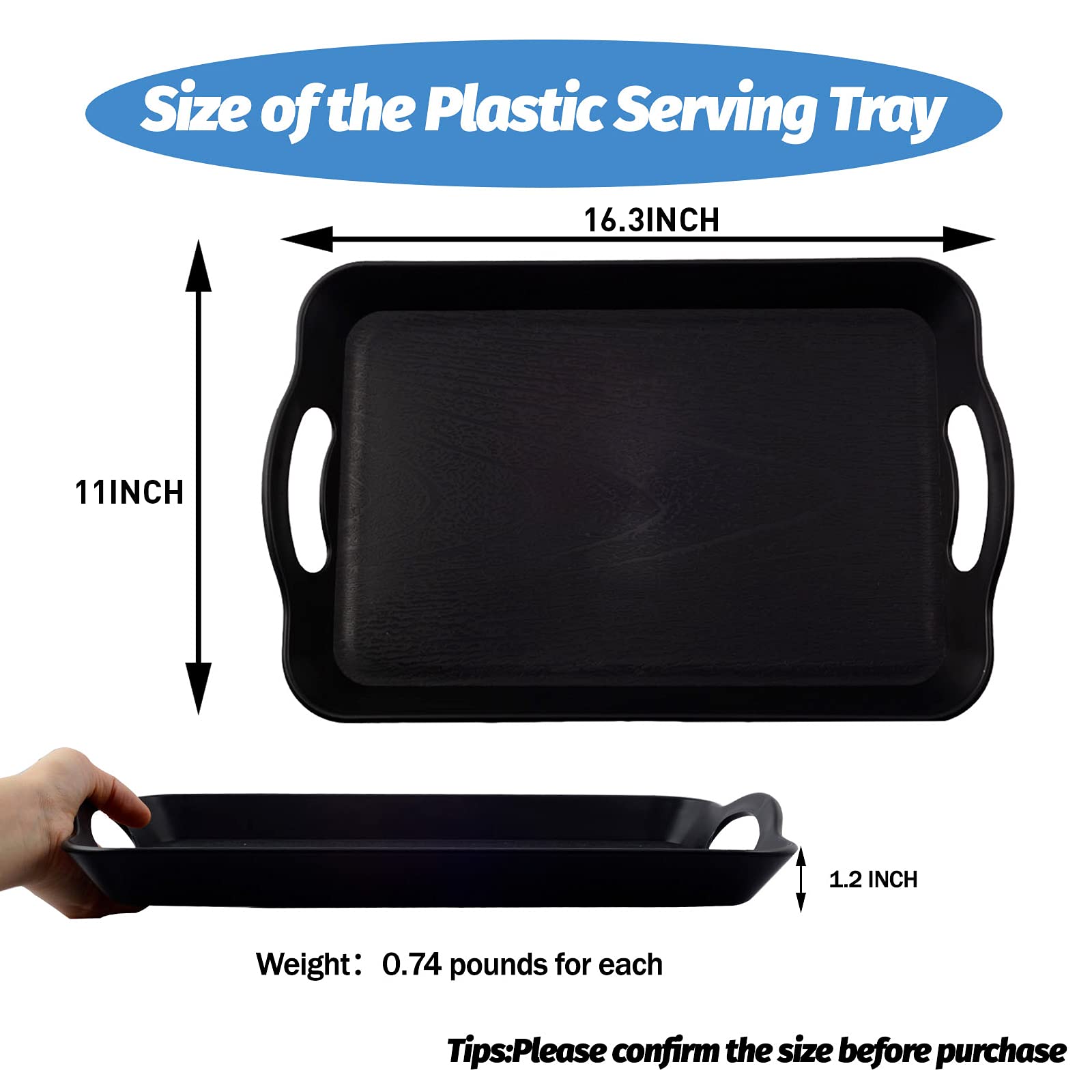 Paquete de 3 bandejas de plástico de 16 pulgadas con asas, juego de servir rectangulares, bandejas de desayuno, juego de restaurante para alimentos, bandeja impermeable y antideslizante (grano