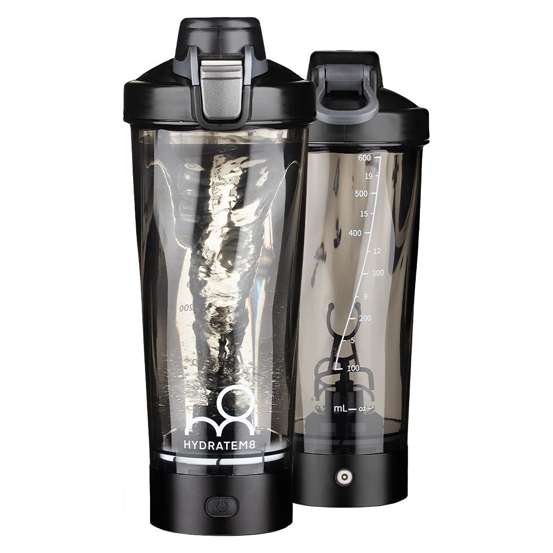 HYDRATEM8 Electric Shaker Bottle 20oz: Automatic Clump-free Nutrition Powder Vortex Blender Cup with Magnetic Charging - Leakproof & Quiet Protein Mixer - Black Portable Gym Gifts for Athletes/Gym
