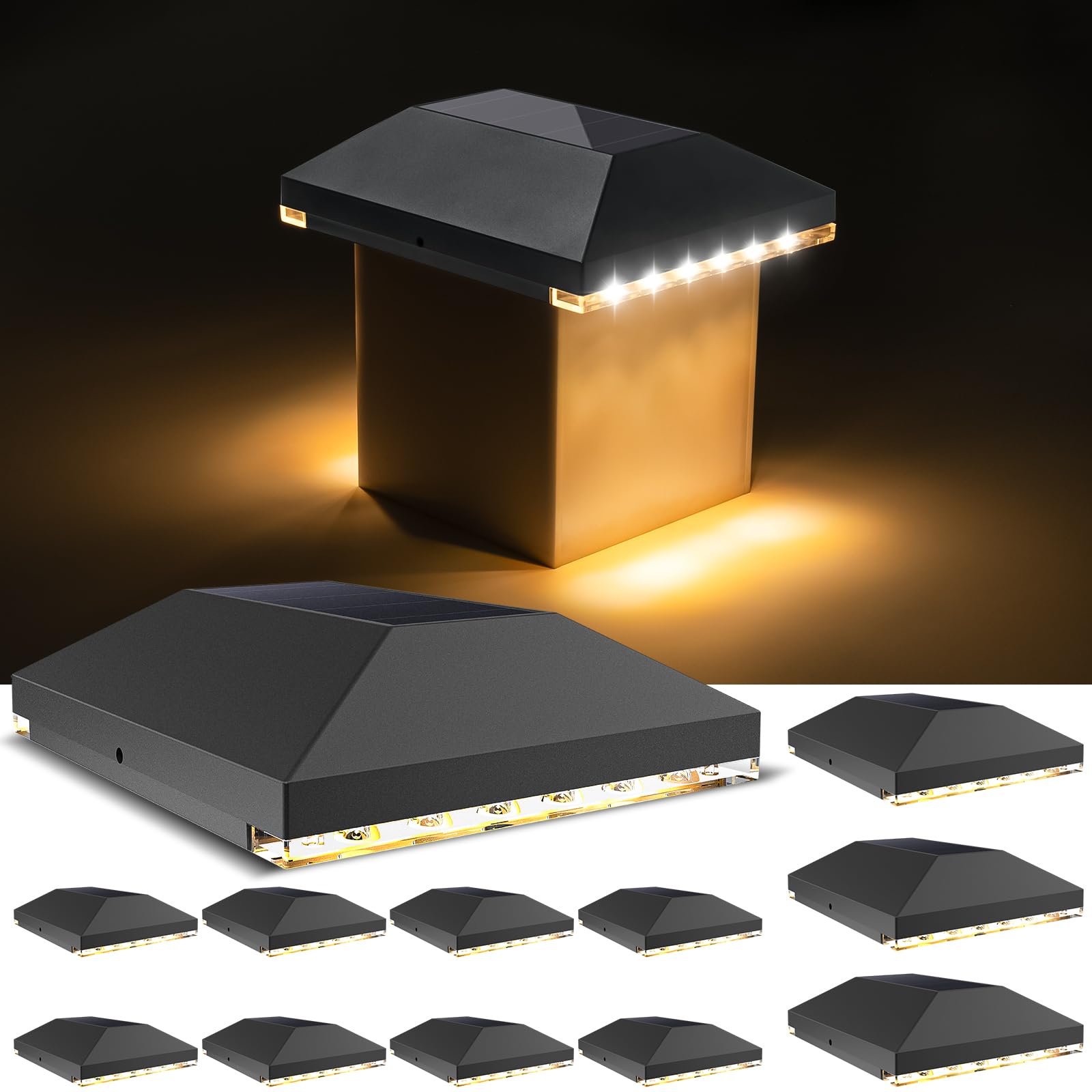 VOLISUN4x4 Solar Fence Post Lights Outdoor 12pack, Cap Light for 4x4 Wooden/Vinyl Post,Black Deck Cap Light Solar Powered for Garden/Patio/Porch