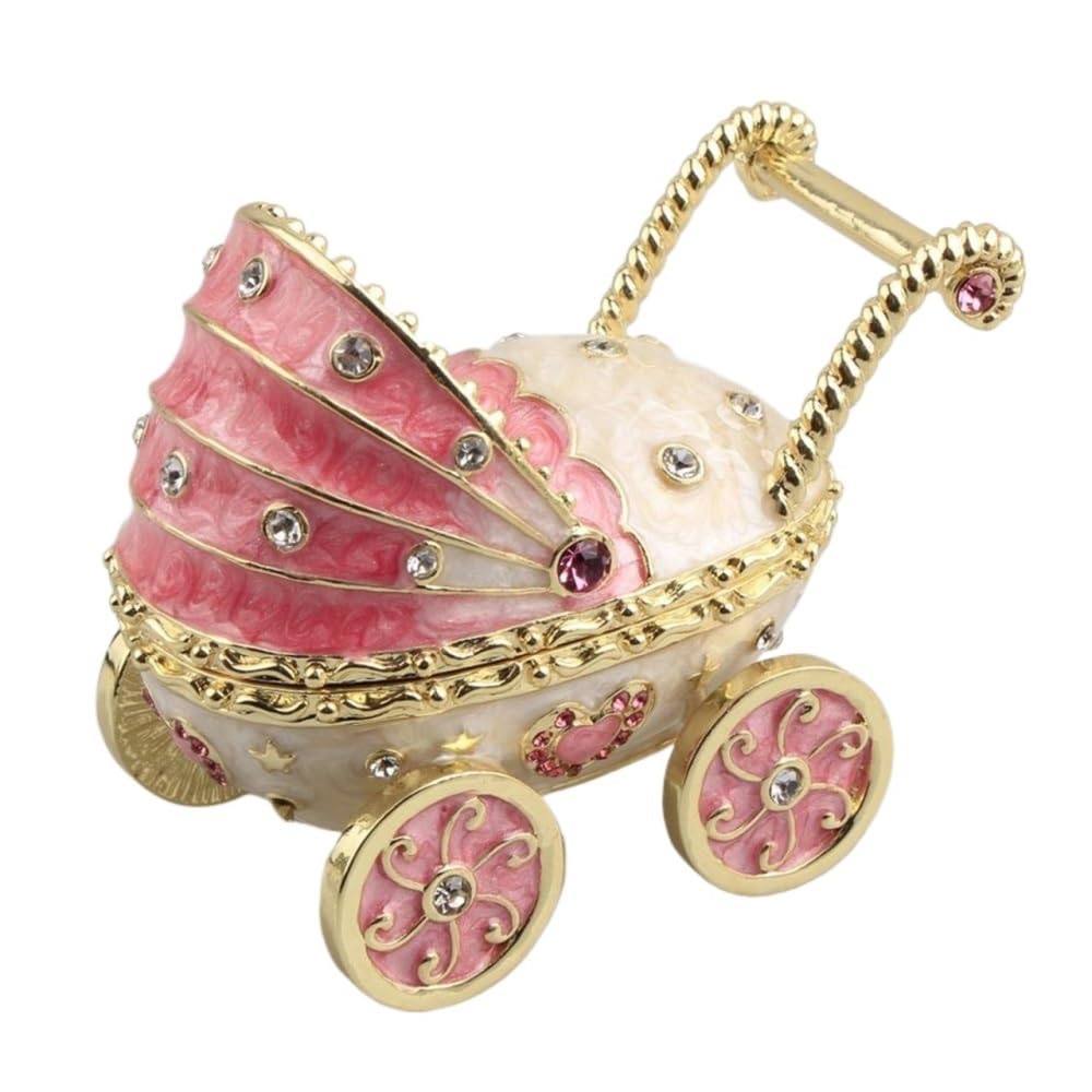 YOPI Handmade Enameled Baby Carriage Trinket Box – Stroller Jewelry Organizer For Rings, Earrings, Necklaces – Metal Craft Home Decor,