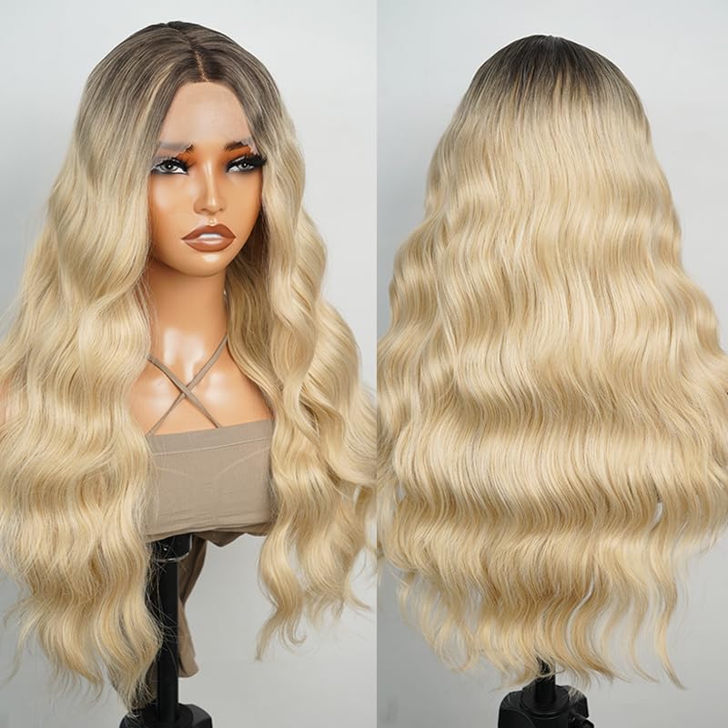 Alipearl Hair Long Ombre Blonde Lace Wigs For Women 26 Inch Honey Blonde T Part Lace Front Synthetic Hair Wig Natural Wave Middle Part Heat Resistant Synthetic Wigs
