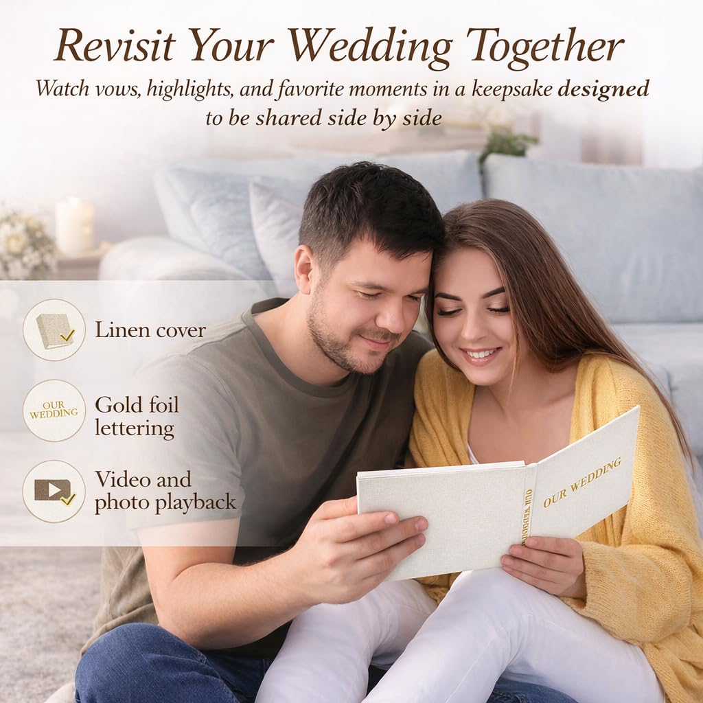 Our Wedding - Goldfolie | Luxuriöses Hochzeits-Videobuch aus Leinen, 17,8 cm (7 Zoll) IPS-Display, 4 GB Speicher, wiederaufladbarer Akku, bis zu 3 Stunden HD-Videospeicher, Hochzeitsandenken