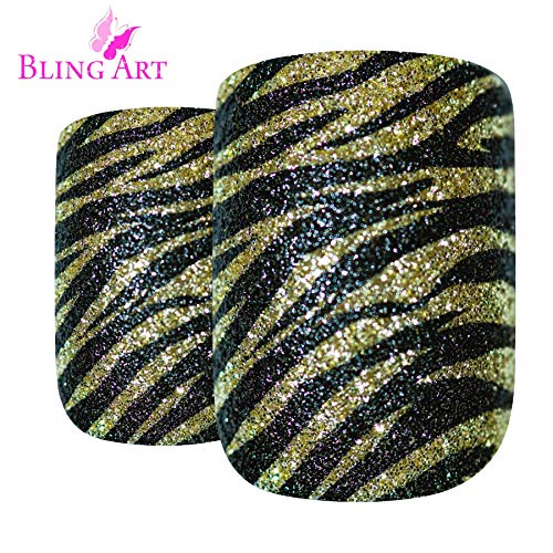 False Nails by Bling Art Gold Black French Manicure Fake Medium Tips with Glue