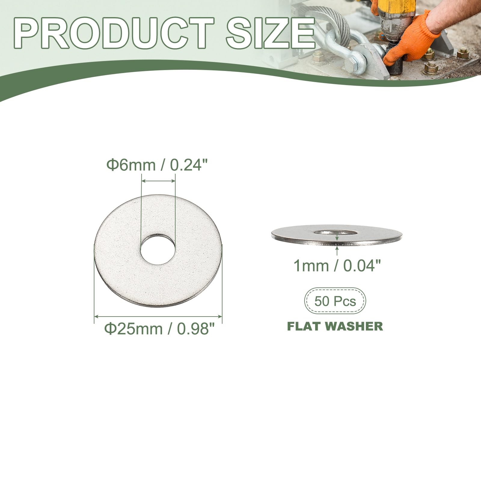 YELARXI Flat Washers, 304 Stainless Steel Hardware Assorted Washer, 25 x 6 x 1 mm Fit for Bolts Screws Industrial Use (50 Pack, Silver) - Image 2
