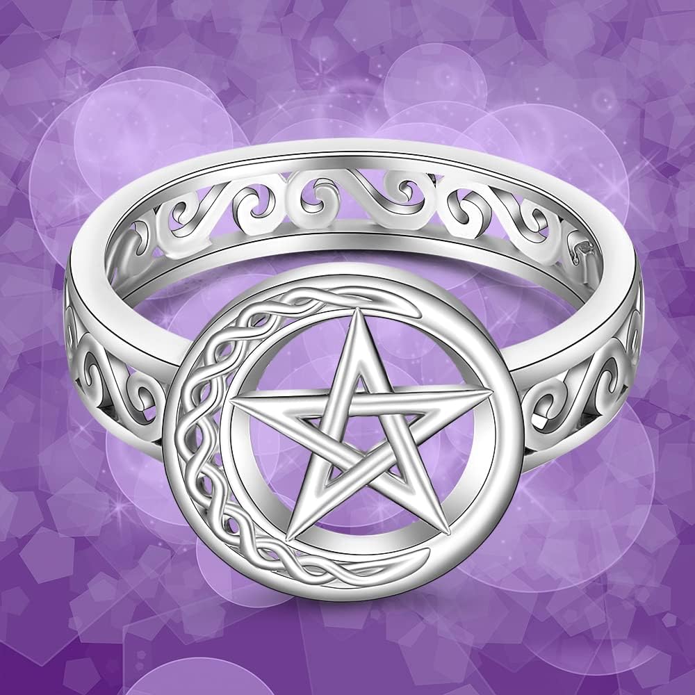 Pentagram Pentacle Ring for Women Celtic Knot Crescent Moon Witch Wiccan Pagan Rings Sterling Silver Protection Amulet Star Pentagram Jewelry Charms