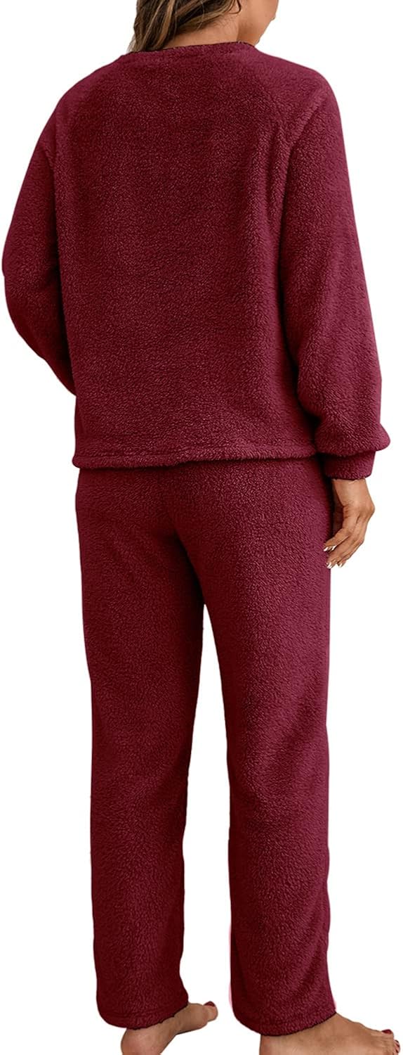 Women's Long Sleeve Pajama Set 2 Piece Sherpa Fleece Pullover Shirt and Pants Outfit Warm Loungewear Cozy Sleepwear - Image 4