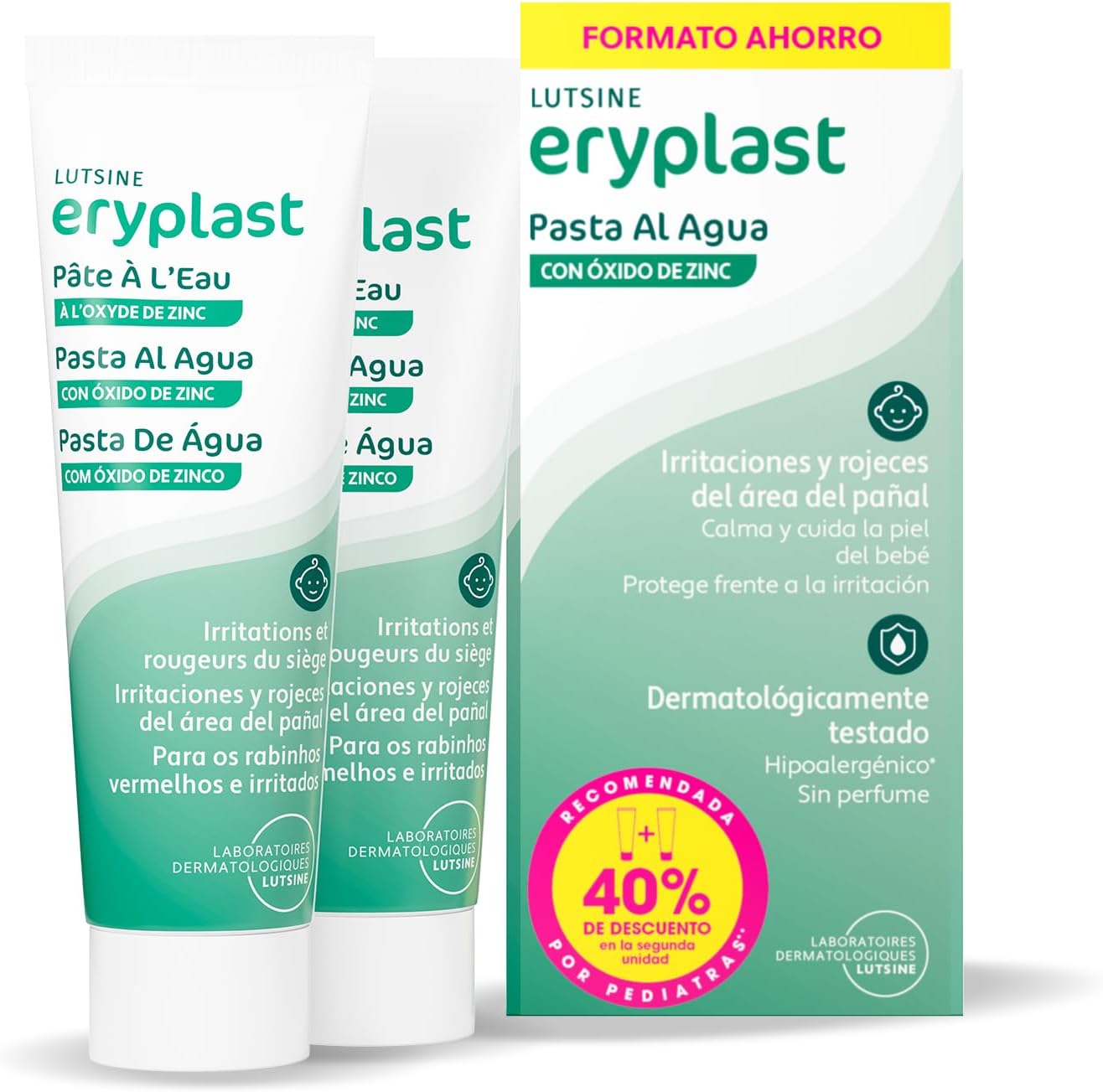 Eryplast Pasta al Agua 2x125gr Pack Ahorro 2ªunidad 40%dto - Crema de Pañal para Bebé. Calma, Cuida y Protege la Piel contra Dermatitis de Pañal – Hipoalergénico, Sin Perfume y Testado Pediátricamente