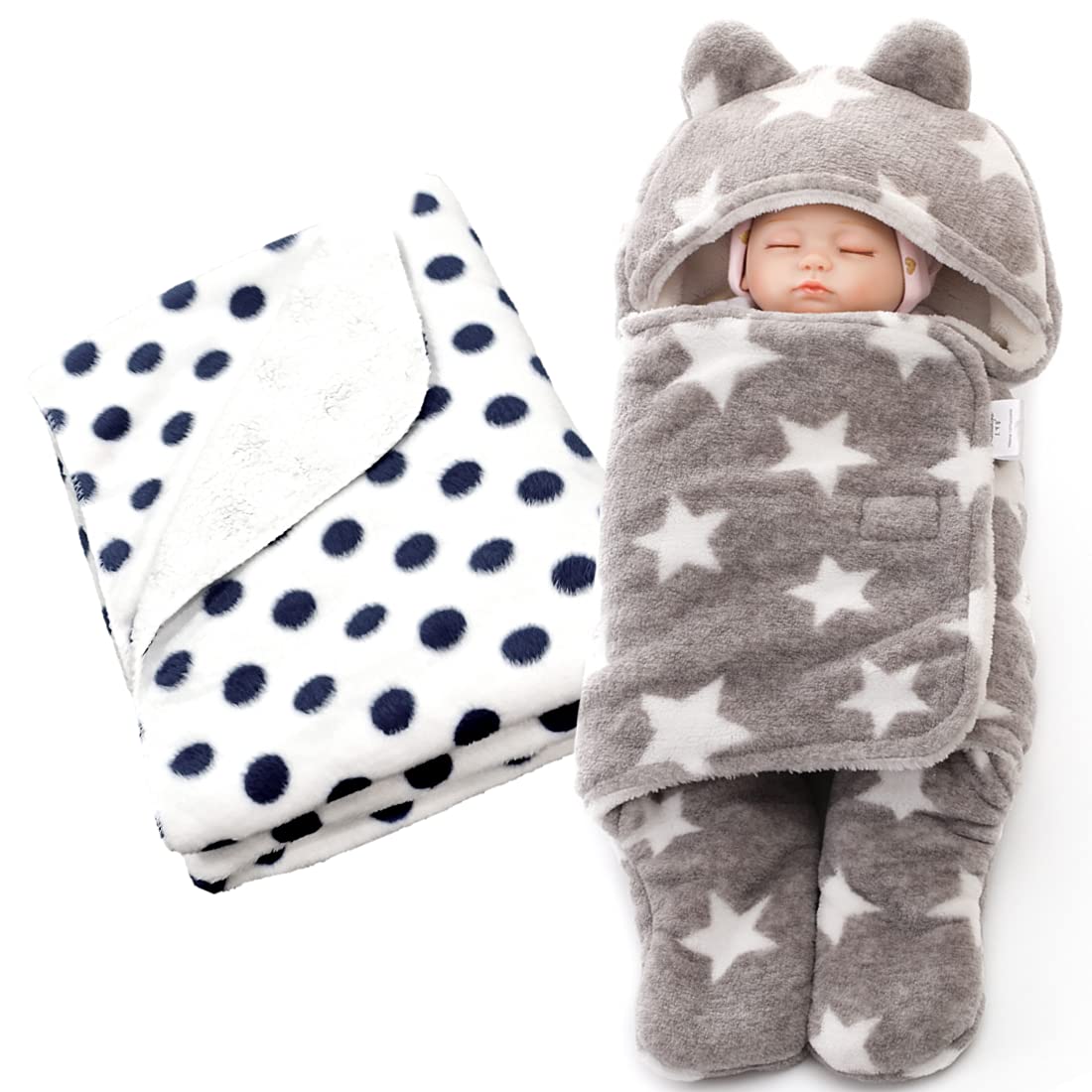 First Kick Cotton Baby Blankets New Born Combo Pack of Wearable Durable Blanket and Star Wrapper for Baby Boys and Baby Girls Pack of 2 White GREY