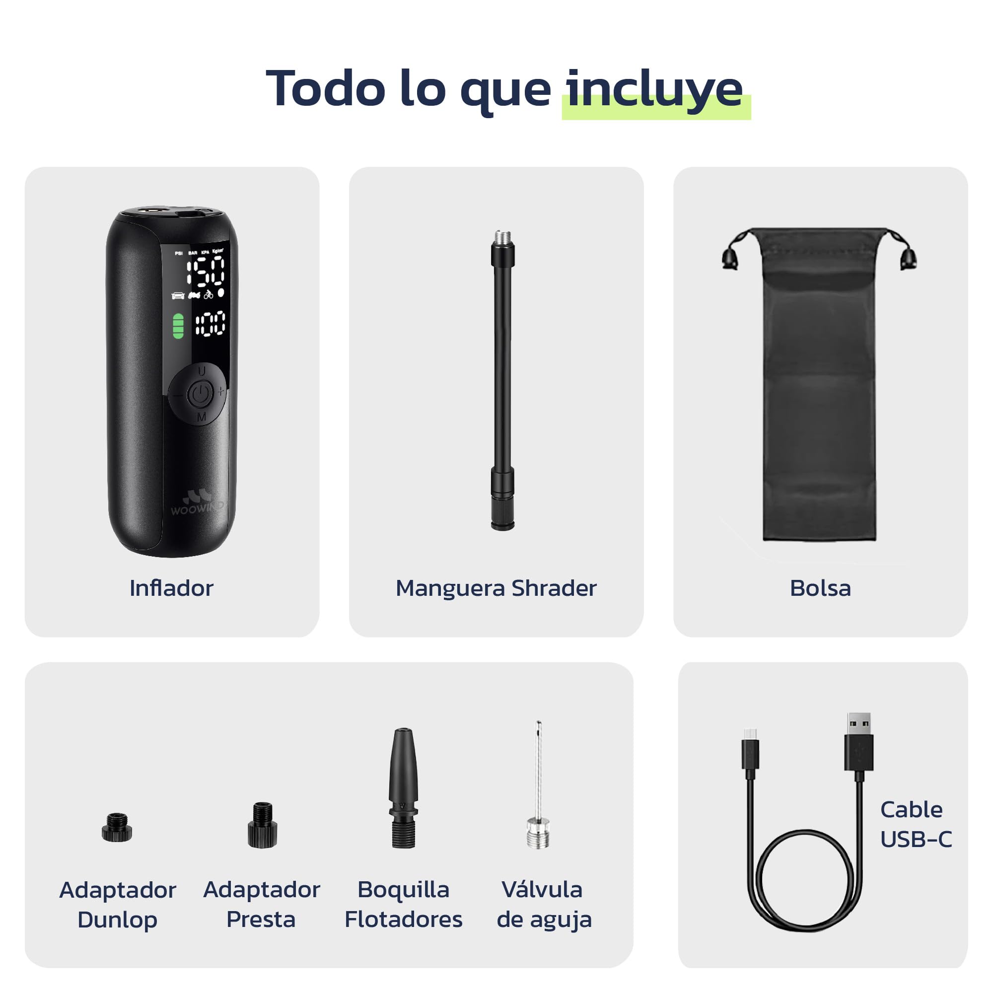 Woowind Compresor Aire Portatil 150PSI/10,3Bar, Bomba Bicicleta, Inflador Ruedas Coche, Inflado en 1 Minuto, Hinchador Ruedas Coche, Bici, Moto y Balones, Apagado Automático, Pantalla LCD Linterna LED