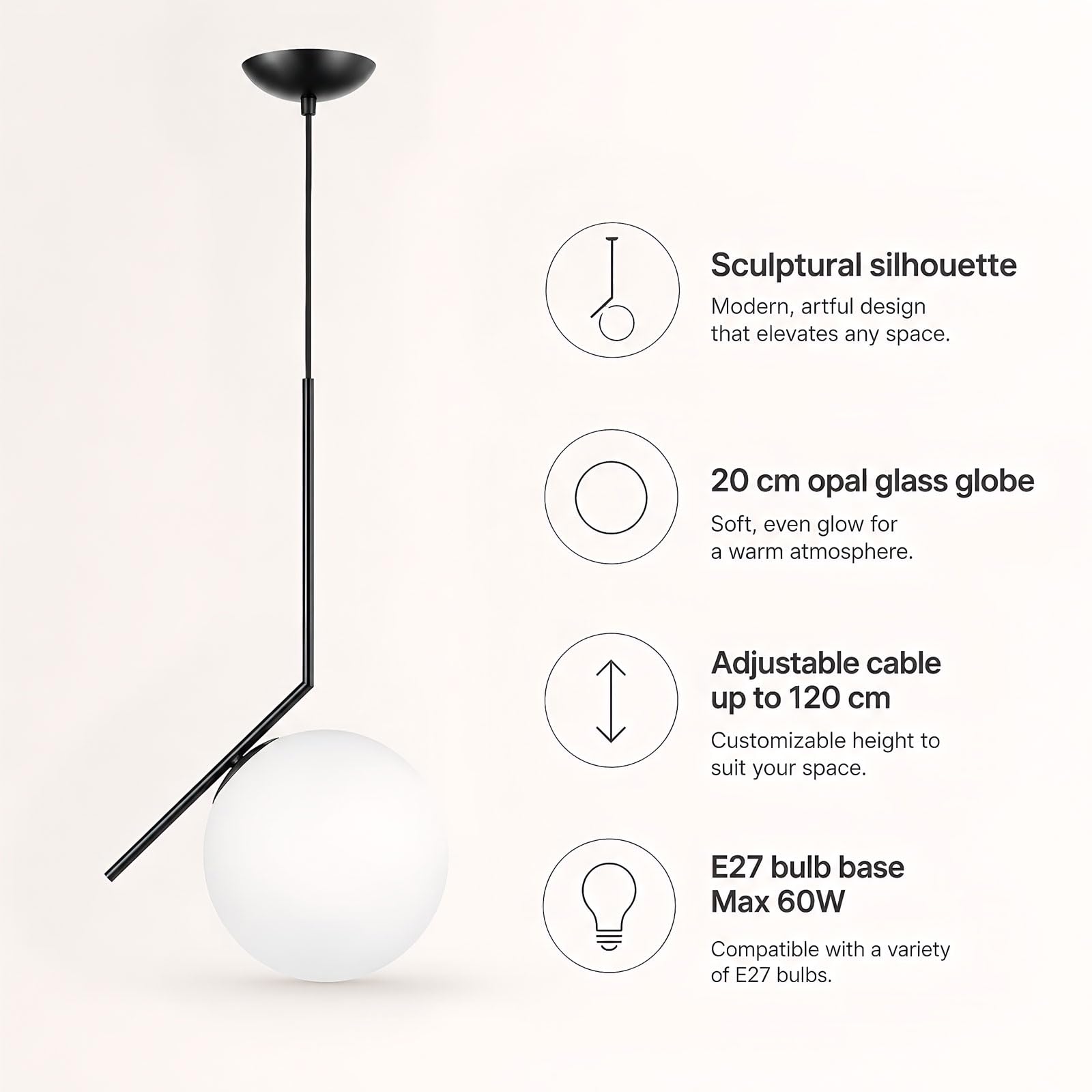 Lámpara Colgante Moderna de Vidrio Globo de Vidrio Opalino Acabado Metálico E27 Hanging Light Cable Ajustable 120cm para Isla de Cocina Comedor Dormitorio Cafetería (Negro, 20cm)