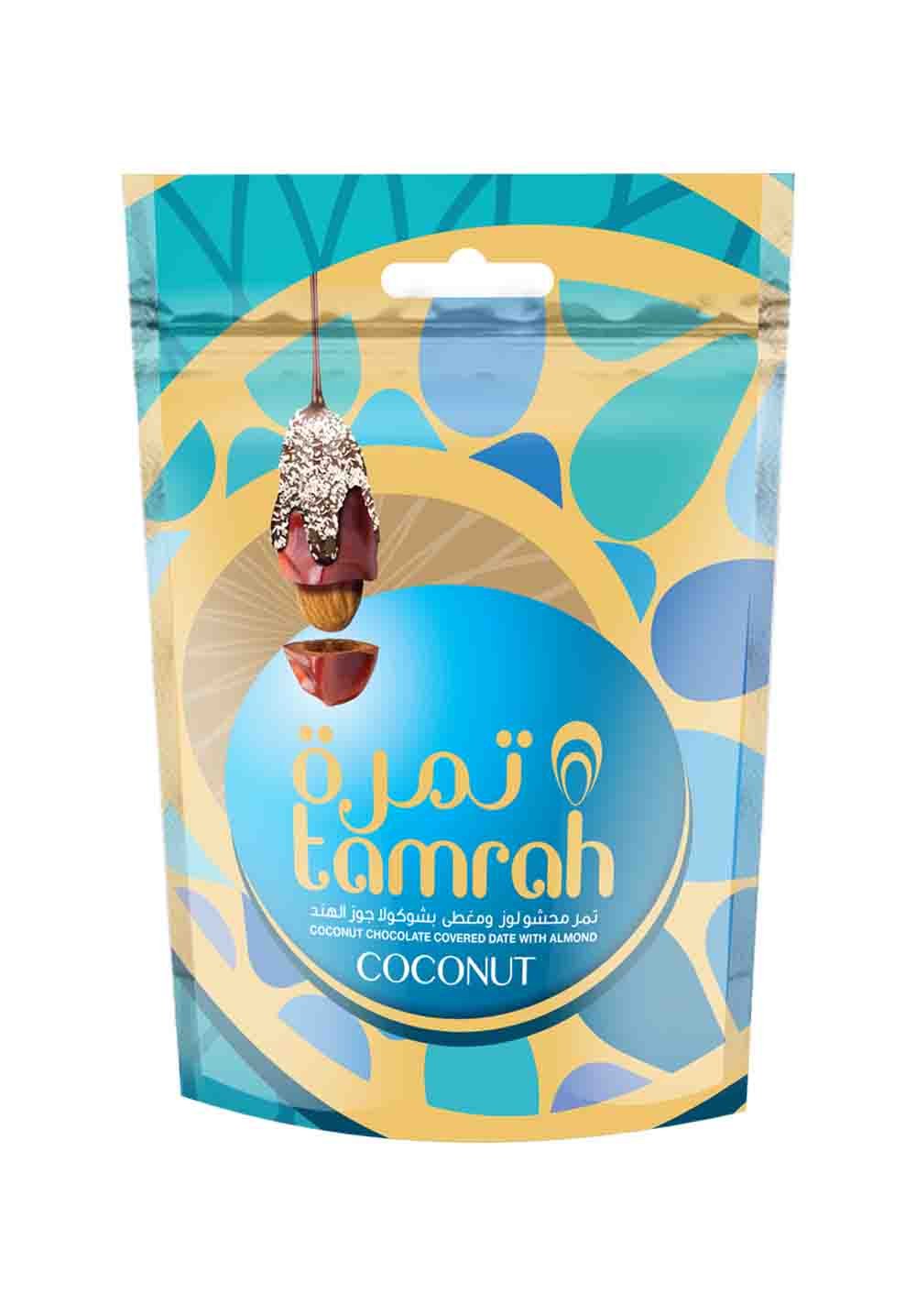 Tamrah Caramel Chocolate Dates and Almonds Zipper Bag 250gm. Ideal for Sharing, Gifting, Kids’ chocolate, Perfect for any Occasion.