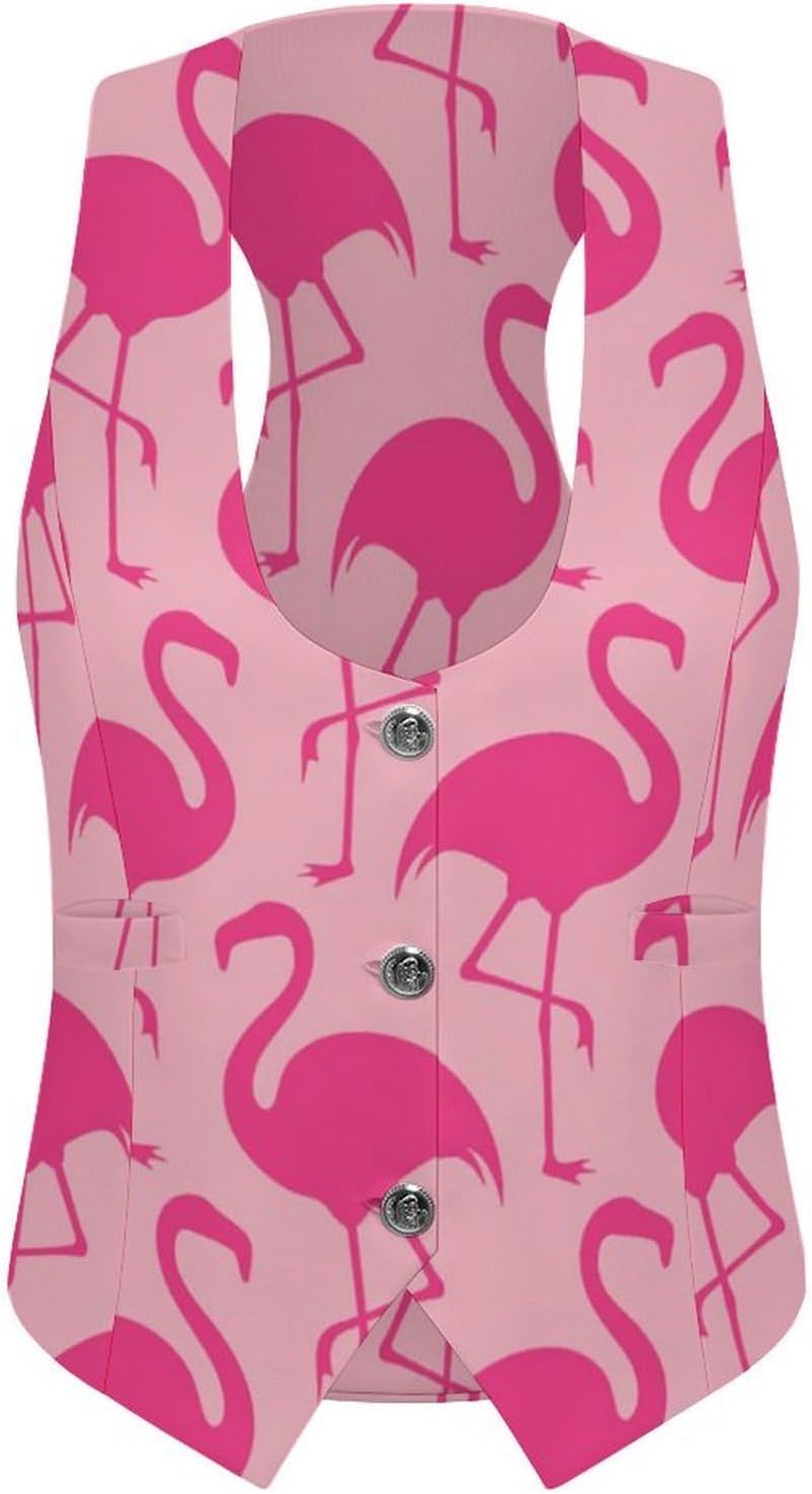 Pink Flamingo Women's Suit Vest V Neck Button Down Waistcoat Jacket Business Casual Tops