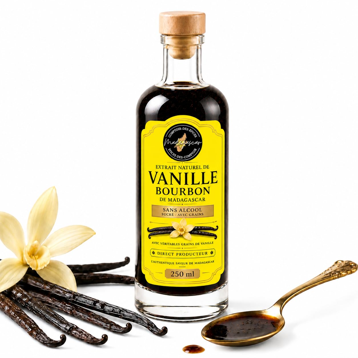 Extracto natural de vainilla Bourbon 250 ml – Sin alcohol – Puro & Artesanal – Ideal Cocina & Pastelería – (Empresa francesa)