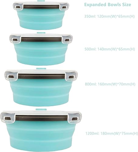 Miniatura 2 de CARTINTS Cuencos plegables azules de silicona para almacenamiento de alimentos, cuencos de silicona para acampar con tapas herméticas, aptos para