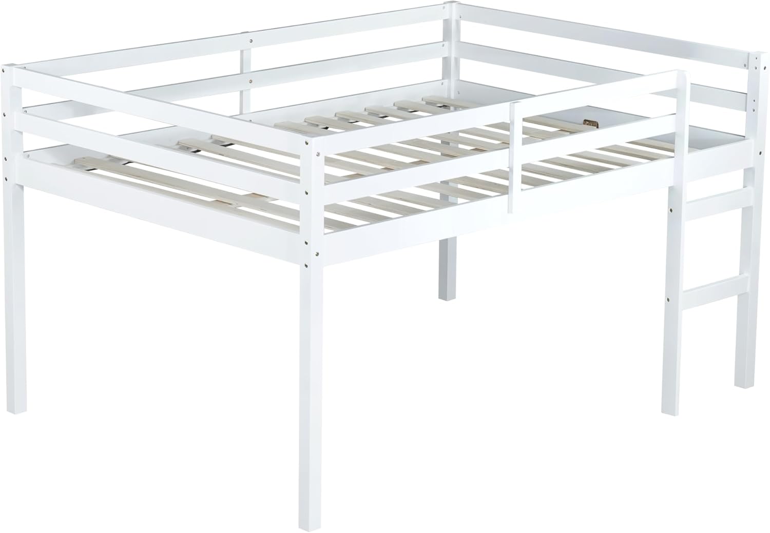 Bellemave Low Loft Bed, Wood Full Loft Bed Frame with Guardrail for Kids Boys Girls, No Box Spring Needed, White