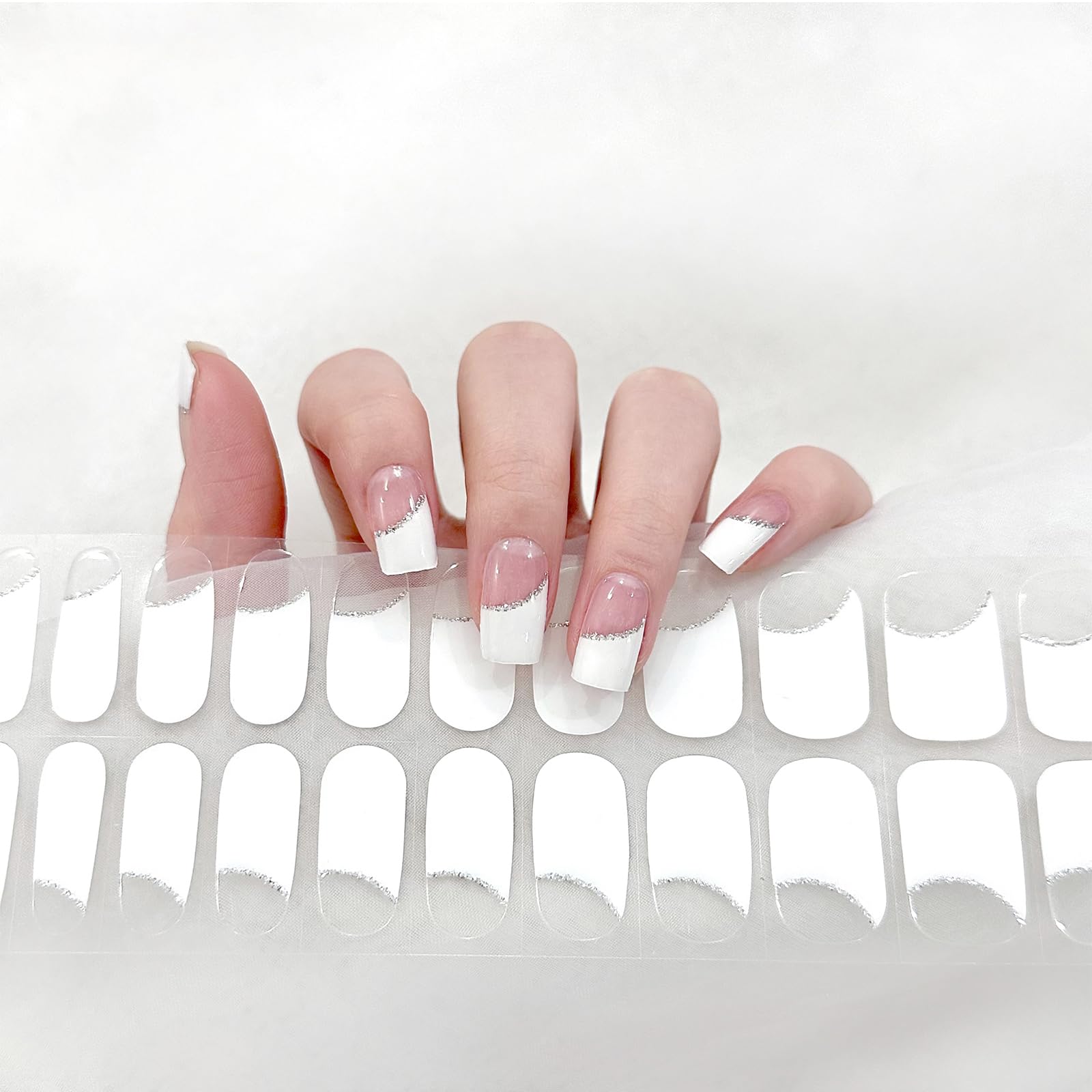 Ceboic 22PCS Pegatinas de Esmalte de Uñas de Gel Semicurado, Blanco Inclinado Francesas Tiras de Uñas de Gel, Cubierta Completa Pegatinas de Envoltura de Uñas Autoadhesivas, Requiere Lámpara UV/LED