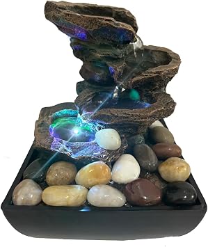 4 Level Small Waterfall Fountain, Indoor Tabletop Fountain with LED Color Lighting, Relaxing Water Feature Meditation Fountain for Home Office Bedroom Decoration A