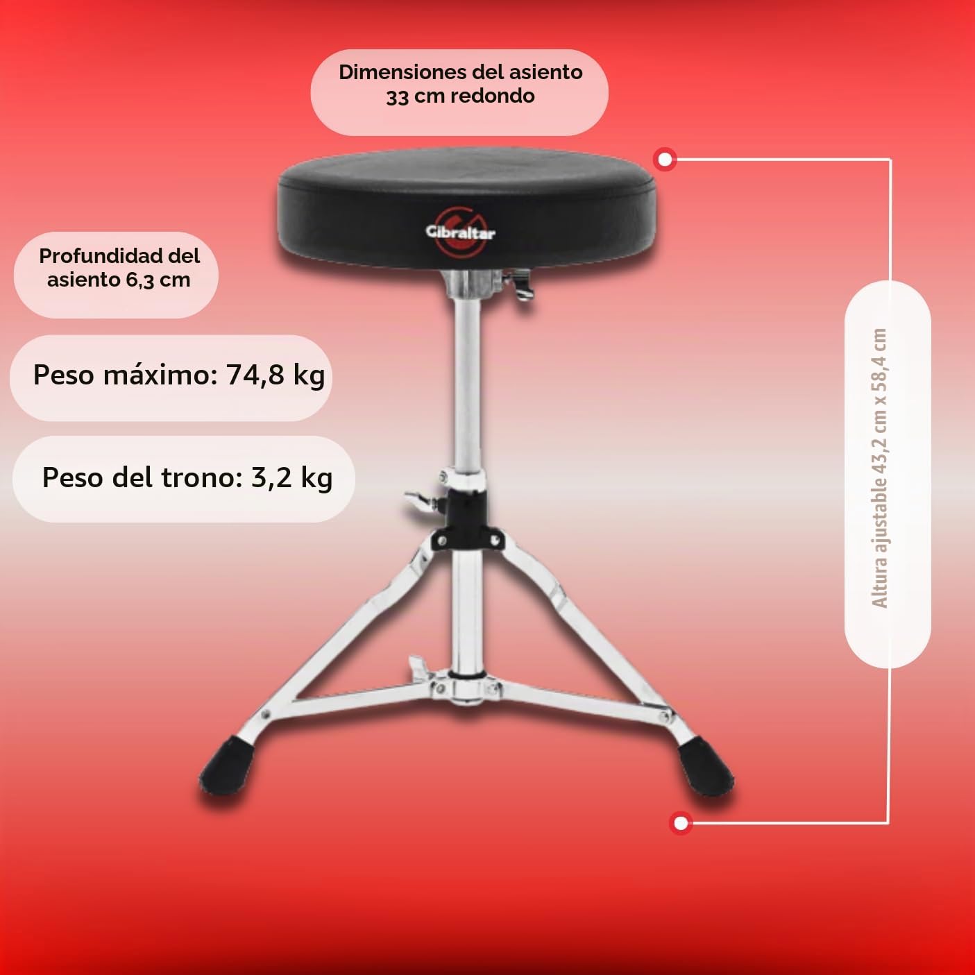 Taburete de tambor Gibraltar Serie 5000 (diámetro del asiento redondo: 33 cm, asiento de vinilo, bloqueo de memoria, ajuste de altura infinito, pies de goma ""Super Foot"")