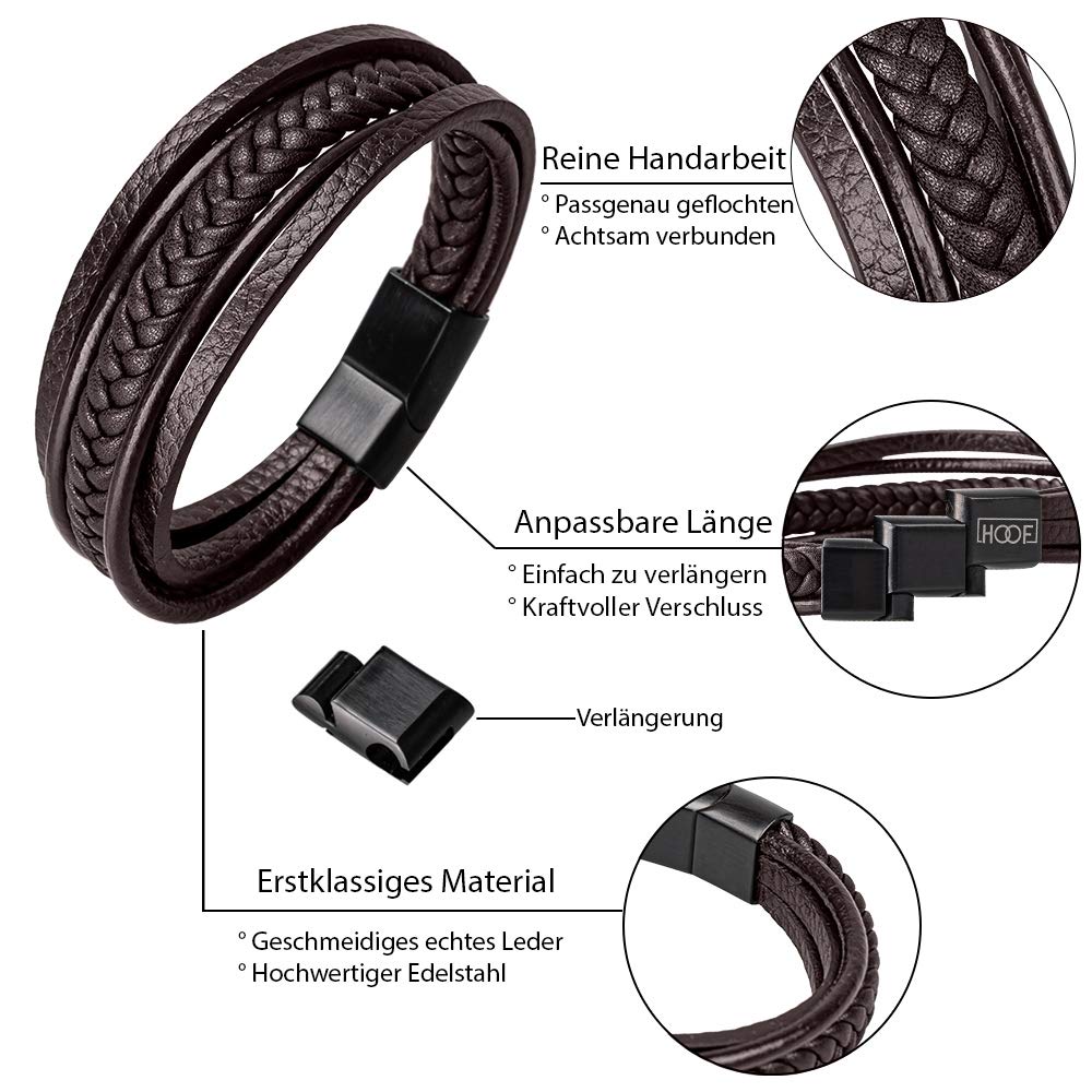 HOOF Bracelet pour homme en cuir véritable tressé noir/marron - 19,5 à 27 cm - Fermoir magnétique - Acier inoxydable - Élégant coffret à bijoux - Cadeau pour homme, ami, partenaire jusqu'à XXXL, 26