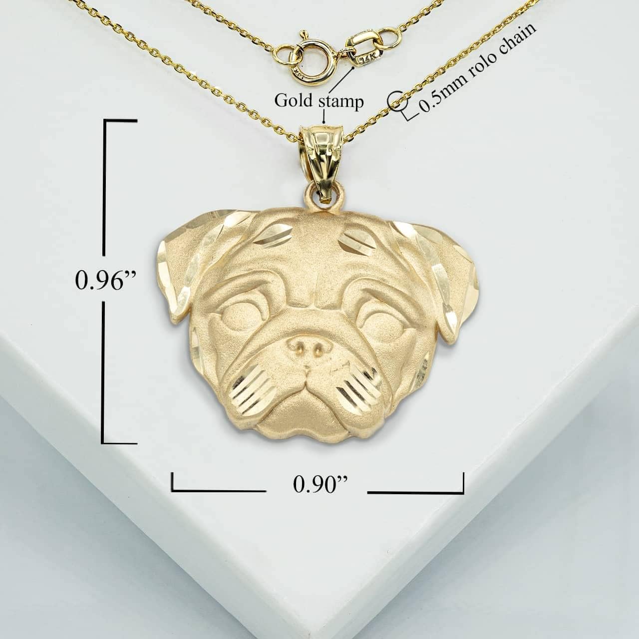 10K Yellow, White, or Rose Gold Lovely Animal Pug Dog Head Charm Pendant Necklace with Rolo Chain