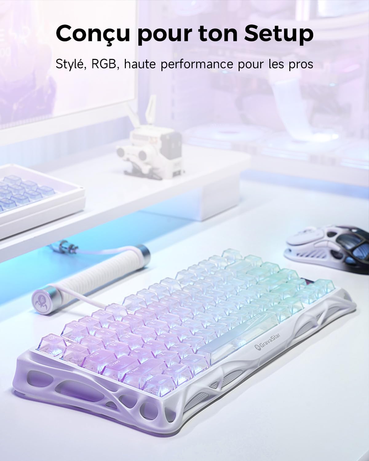 GravaStar Mercury K1 Lite Clavier Mécanique de Jeu avec BT5.0/2.4G /Type-C, 75% Gasket Clavier Gamer RGB Rétroéclairé, Commutateurs Linéaires Pré Lubrifiés, QWERTY (Crystal Aurora)