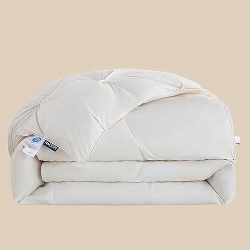 Edredón de plumón de ganso de alta calidad, lujosamente suave, con pestañas de esquina para todas las estaciones (blanco, Queen)