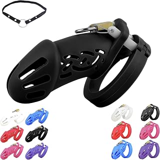 FUJIEYU Jaulas De Silicona Ultraligeras Para El Pene, Disponibles En Varios Colores Dispositivo De Castidad Grande Con Cinturón Y 5 Tamaños De Anillos Diferentes Chastity Cage SM Sex Toy,Negro,L