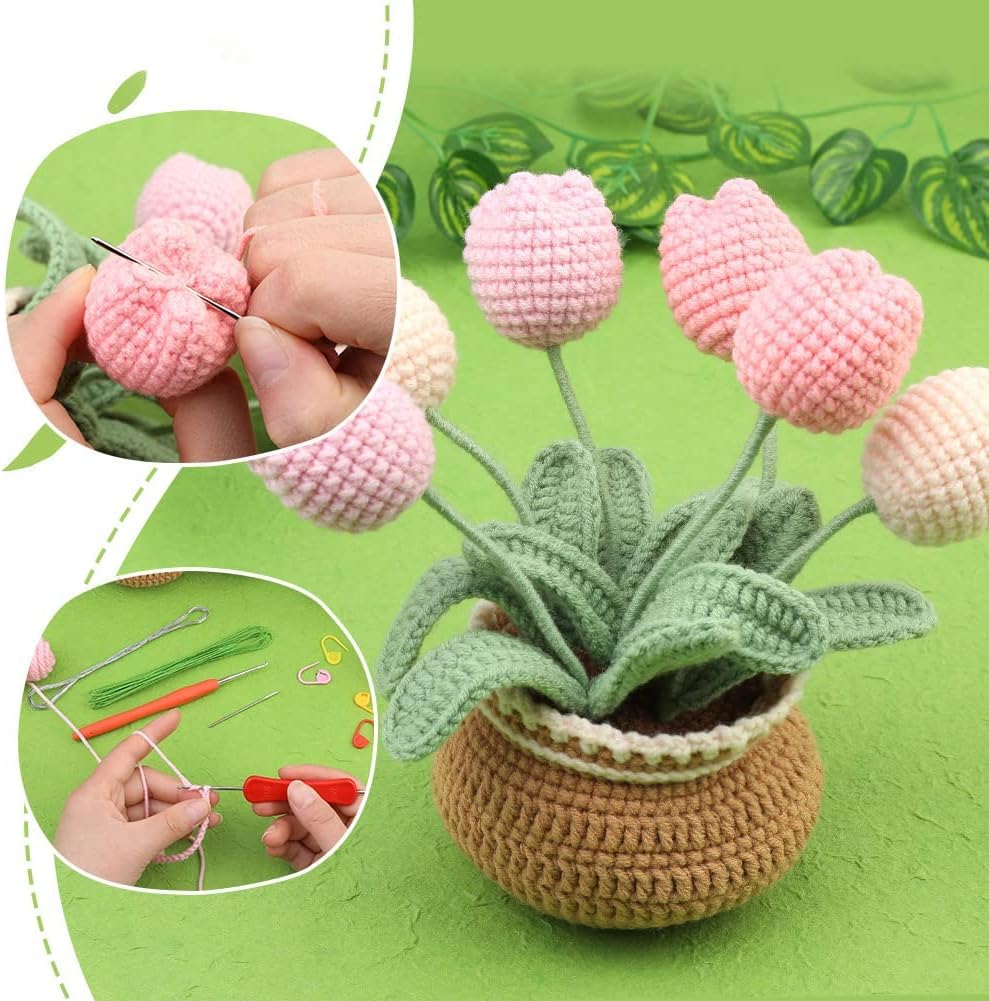 Häkelset für Anfänger, Häkelsets für Erwachsene, Häkel-Strickset, Blumen-Häkelset enthält Häkelzubehör und Schritt-für-Schritt-Video-Tutorials, komplettes Strickset mit Garn (8 Tulpen)