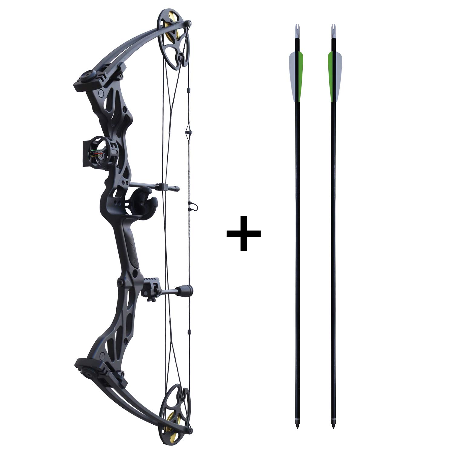 KIT - Arco composto da carrucole Hellbow Fossil regolabili da 30 a 70 LBS e un'apertura da 25 a 31", arco nero destro con molteplici accessori.