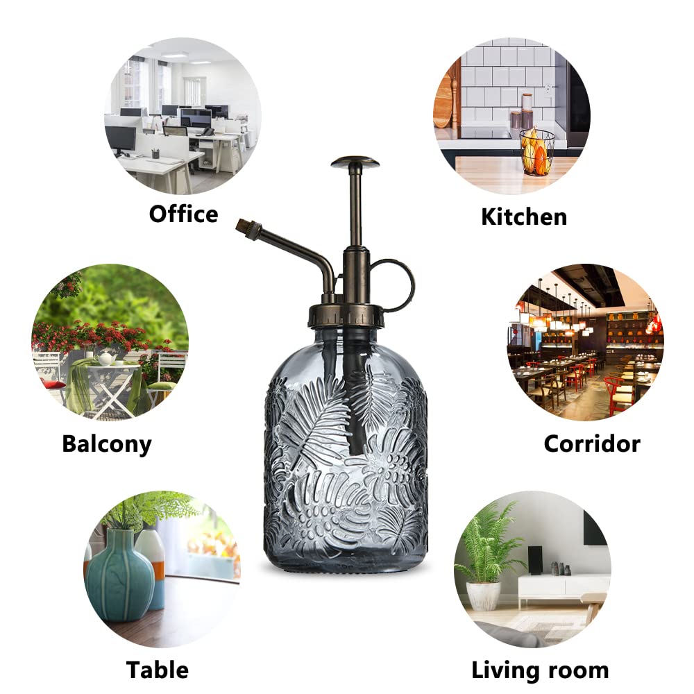 Pflanzen Glas Sprühflasche, 360ml Retro Relief Pflanzensprüher mit Pumpe, Fortschrittlich Blumen Zerstäuber Drucksprüher für Balkon Kleiner Gartenpflanzen Indoor Haus Oder Büro - Grau